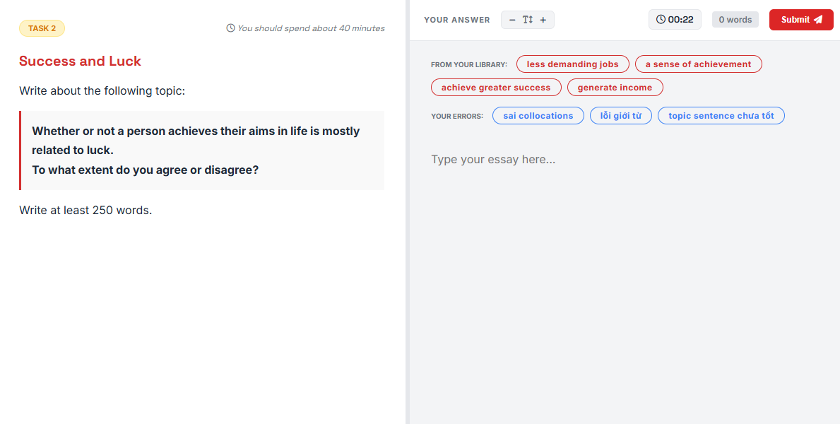 Giao diện Writing IELTS Du Kích